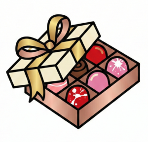 Ilustración de caja de bombones abierta representando la selección de productos de chocolatería fina en el catálogo online de Piel Canela.