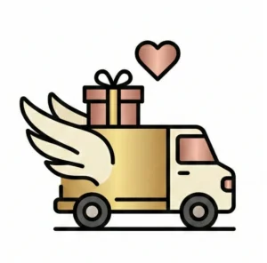 Ilustración de camión alado con regalo, representando el servicio de envío a domicilio de chocolatería fina y detalles premium de Piel Canela.