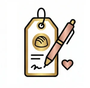 Ilustración de etiqueta y bolígrafo representando la opción de personalizar sabores y mensajes en los regalos de chocolatería fina Piel Canela.